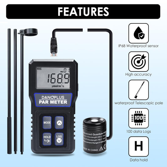 DANOPLUS PAR Meter, Par Meter for Reef Tank IP68 Waterproof Aquarium PAR Meter, 400 - 700nm Spectral Range PPFD Meter Data Logger, 37" Telescopic Pole, 79'' Sensor Cable Included - Buy The Sea Aquatics