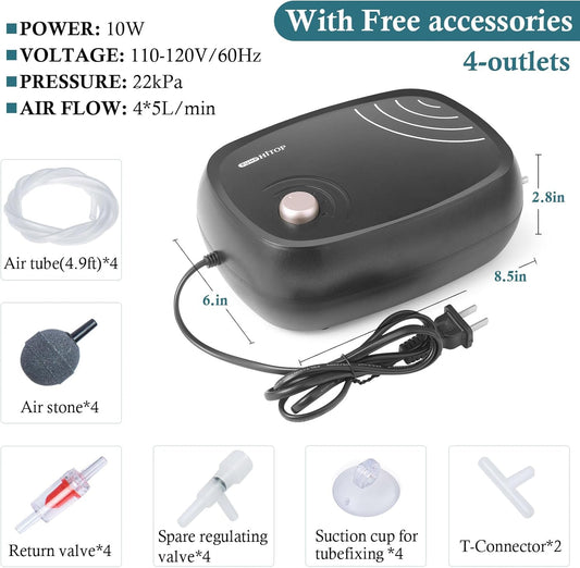 HITOP 10W Powerful Aquarium Air Pump: 4 - Outlets 320GPH Air Pump for Fish Tank, Quiet Aquarium Aerator with Completely Accessories, for Tank/Hydroponic/Pond Oxygenation - Buy The Sea Aquatics