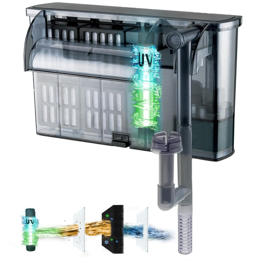 Large Hang on Back Aquarium Filter 344GPH for 40-150 Gallon Fish Tank, U-V Light Big Canister w/ Filters High Flow 5-Stage Green Killing Deodorization Machine Keep Fresh& Saltwater Water Crystal Clear
