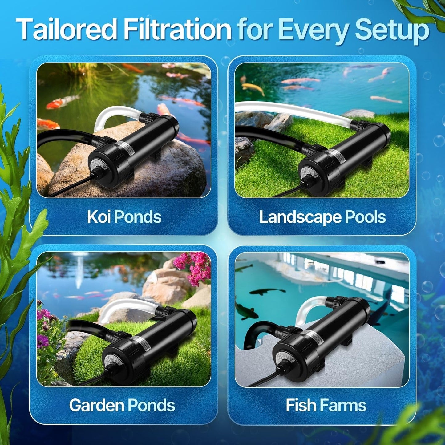 Flexzion Pond UV Lights for Outdoor Ponds - 9W Small Light, 2113 - Gal Capacity, 1500L/H UV Pond Clarifier for Outdoor Ponds, Clears Water in Days (CUV - 109A) - Buy The Sea Aquatics