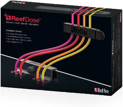 Red Sea ReefDose Deluxe 4 Color Dosing Tube Kit Red Yellow Orange Pink | Saltwater Marine Aquarium Dosing Pump Tubing Set with Clips and Tubing Holder - Buy The Sea Aquatics