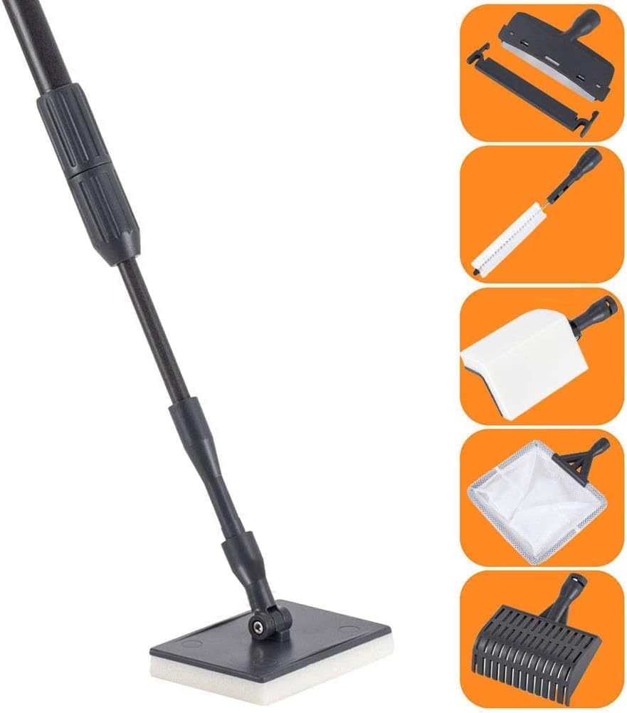 hygger Carbon Fiber 6 in 1 Aquarium Cleaning Tool Kit Al - gae Scraper Scrubber Pad Sponge Telescopic Handle Fish Tank Brush Cleaner Set for Saltwater Freshwater - Buy The Sea Aquatics