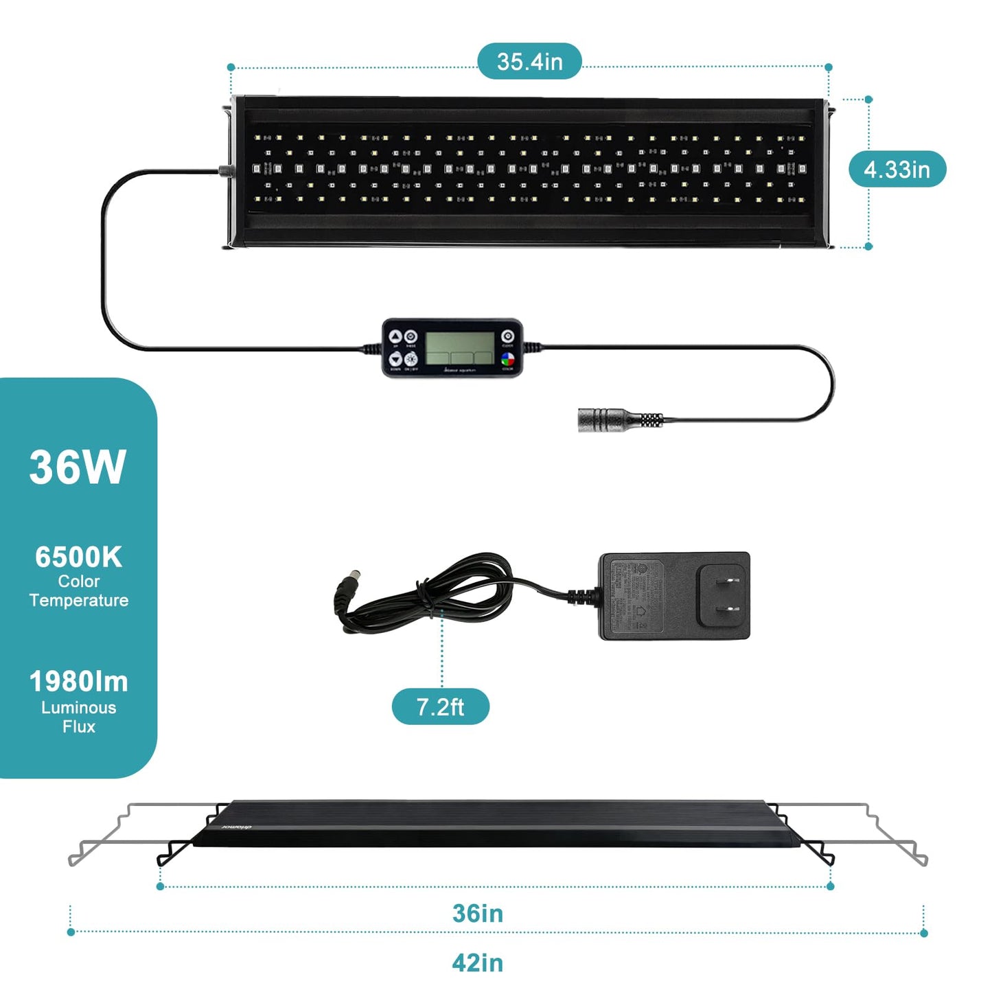 24/7 LED Aquarium Light, IP68 Waterproof Extendable Bracket Fish Tank Light with Timer, 7 Colors, 10 Level Adjustable Brightness, DIY Mode Full Spectrum Aquarium Plant Light for 30-36 Inch Fish Tank
