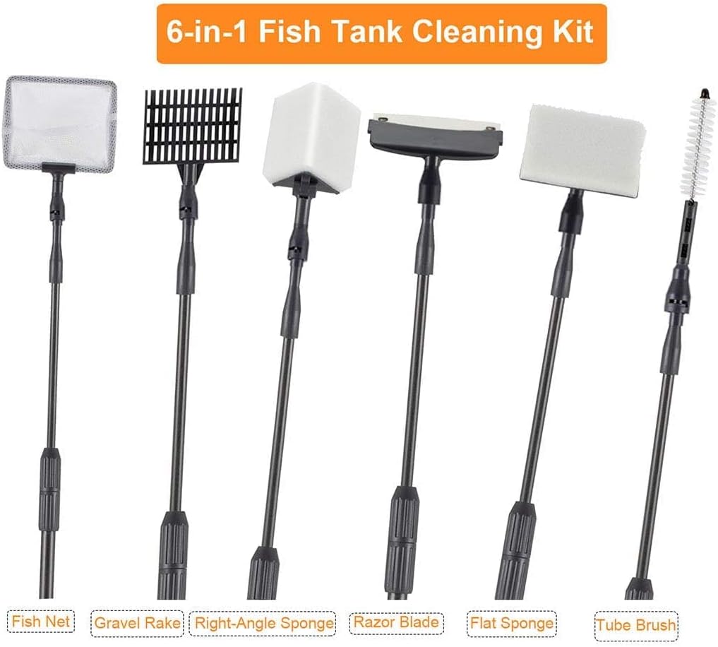 hygger Carbon Fiber 6 in 1 Aquarium Cleaning Tool Kit Al - gae Scraper Scrubber Pad Sponge Telescopic Handle Fish Tank Brush Cleaner Set for Saltwater Freshwater - Buy The Sea Aquatics