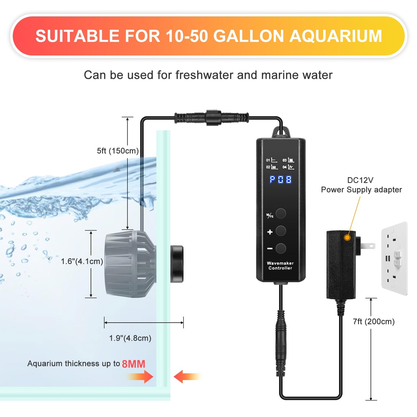 3400GPH Aquarium Wave Maker DC24V Power head with Magnetic Mounting,Wavemaker with Controller for 100 - 200 Gallon Fish Tanks - Buy The Sea Aquatics