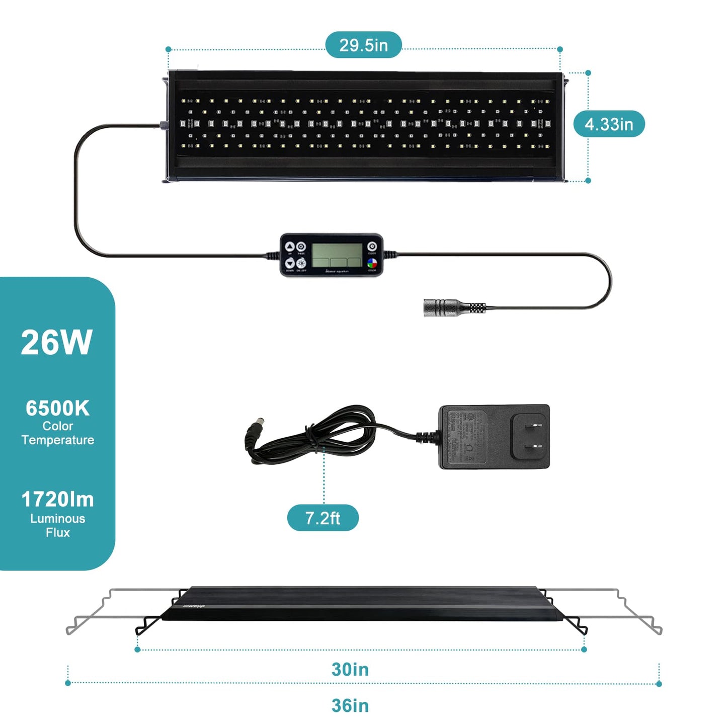 24/7 LED Aquarium Light, IP68 Waterproof Extendable Bracket Fish Tank Light with Timer, 7 Colors, 10 Level Adjustable Brightness, DIY Mode Full Spectrum Aquarium Plant Light for 30-36 Inch Fish Tank
