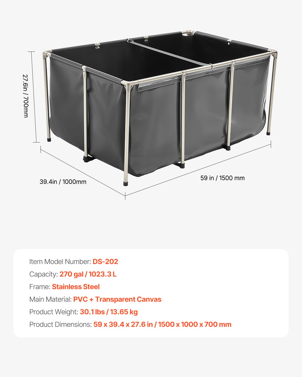 VEVOR Canvas Fish Pond, 470 Gal Above Ground Fish Pond, PVC Koi Tank with Clear Viewing Panel, Rectangular Goldfish Tank with Stainless Steel Frame & Drain Valve, for Breeding Koi, Irrigation(Black)