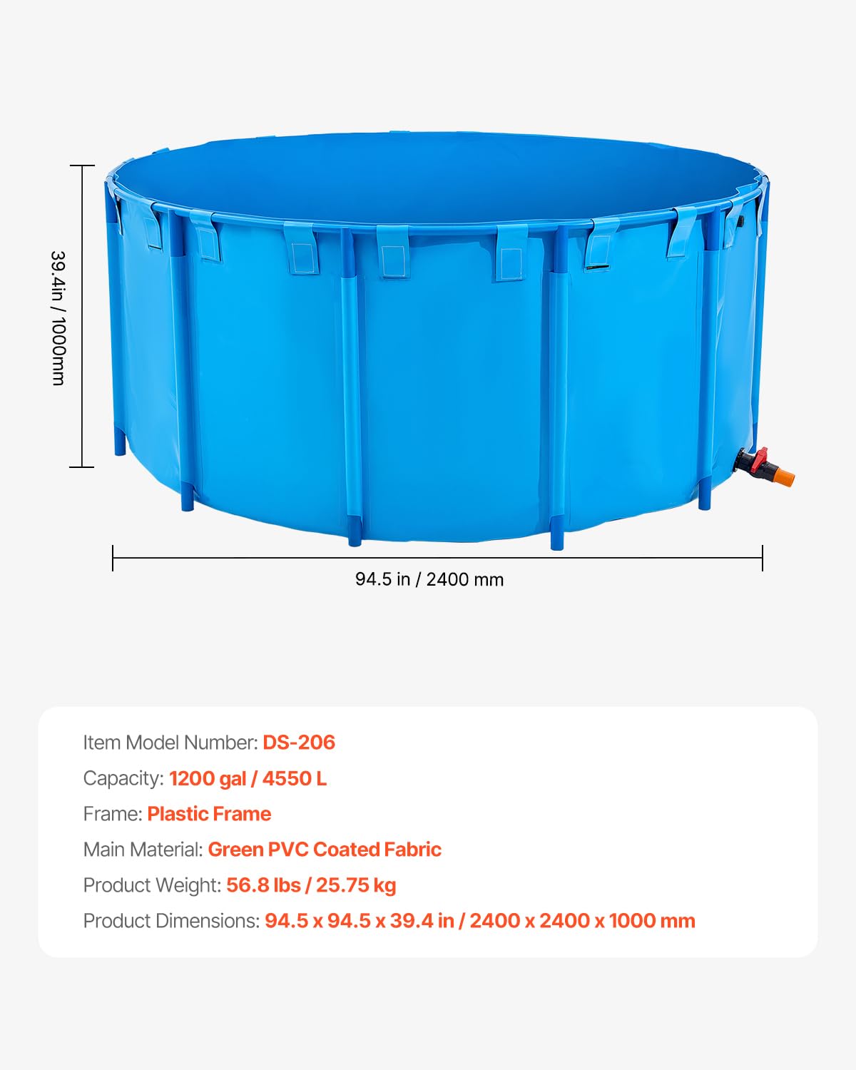 VEVOR Canvas Fish Pond, 470 Gal Above Ground Fish Pond, PVC Koi Tank with Clear Viewing Panel, Rectangular Goldfish Tank with Stainless Steel Frame & Drain Valve, for Breeding Koi, Irrigation(Black)