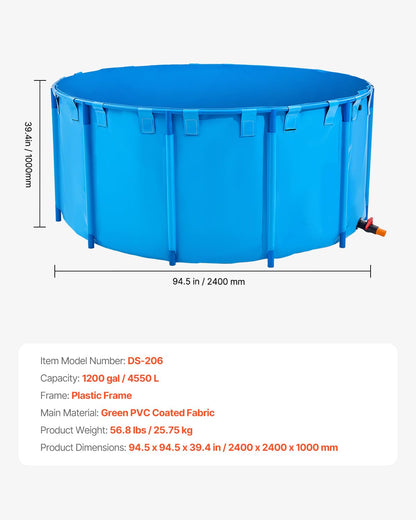 VEVOR Canvas Fish Pond, 470 Gal Above Ground Fish Pond, PVC Koi Tank with Clear Viewing Panel, Rectangular Goldfish Tank with Stainless Steel Frame & Drain Valve, for Breeding Koi, Irrigation(Black)
