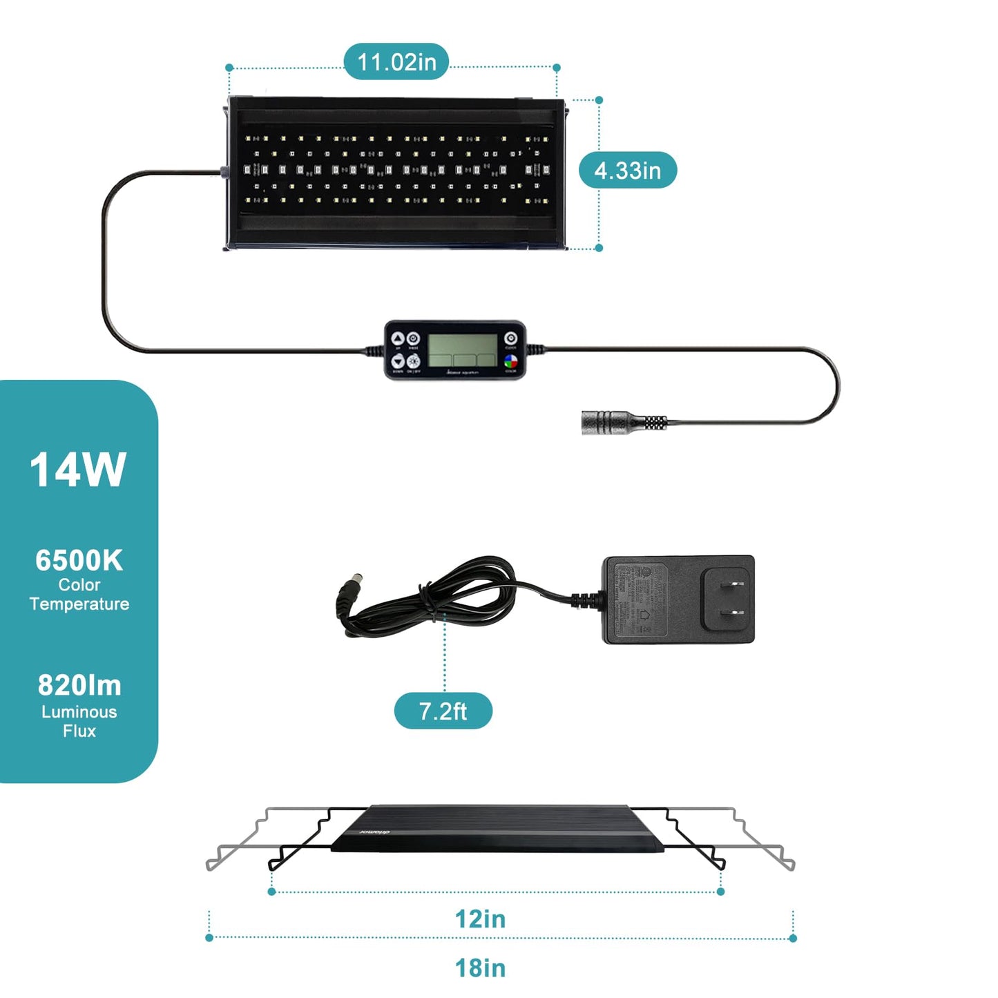 24/7 LED Aquarium Light, IP68 Waterproof Extendable Bracket Fish Tank Light with Timer, 7 Colors, 10 Level Adjustable Brightness, DIY Mode Full Spectrum Aquarium Plant Light for 30-36 Inch Fish Tank