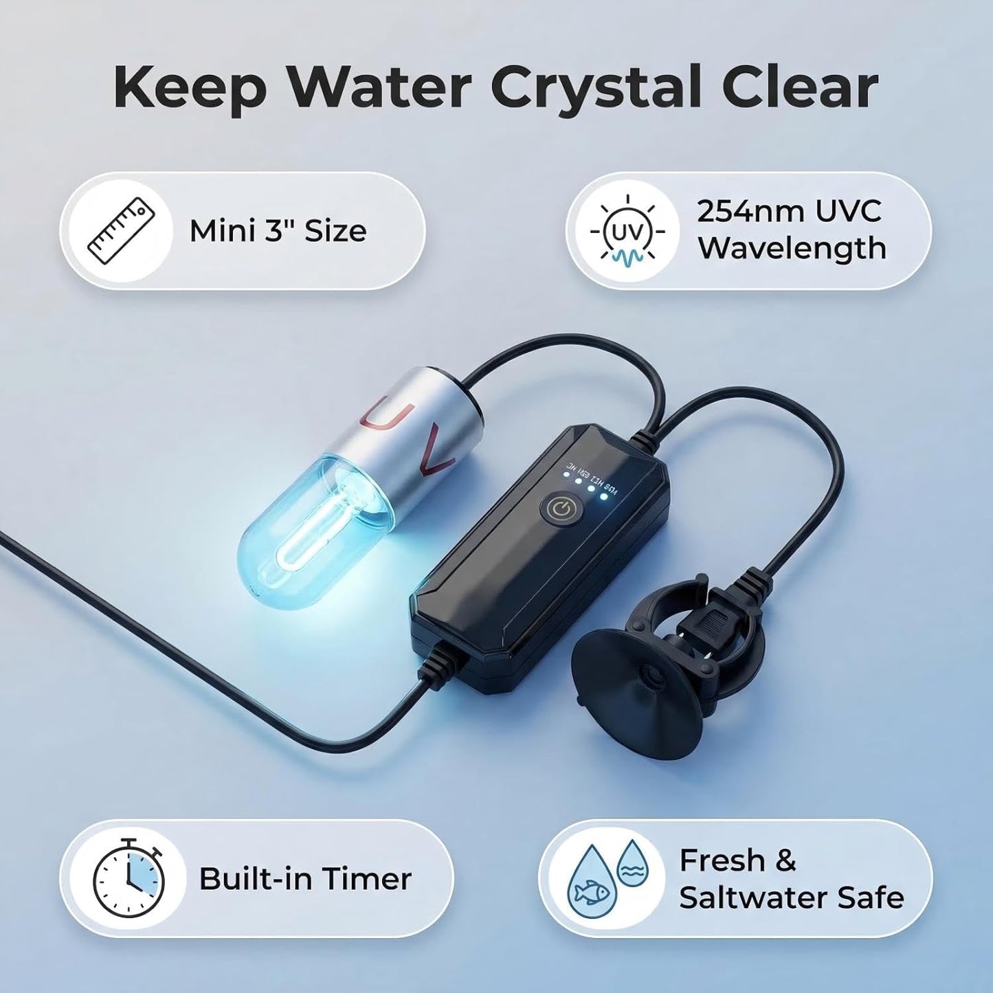 Aquarium UVC Clean Light Algae Clear Green Bloom Clean Fish Tank UVC Water Clean LAMP for Sump Pond Filter Tank (3W with Timer)