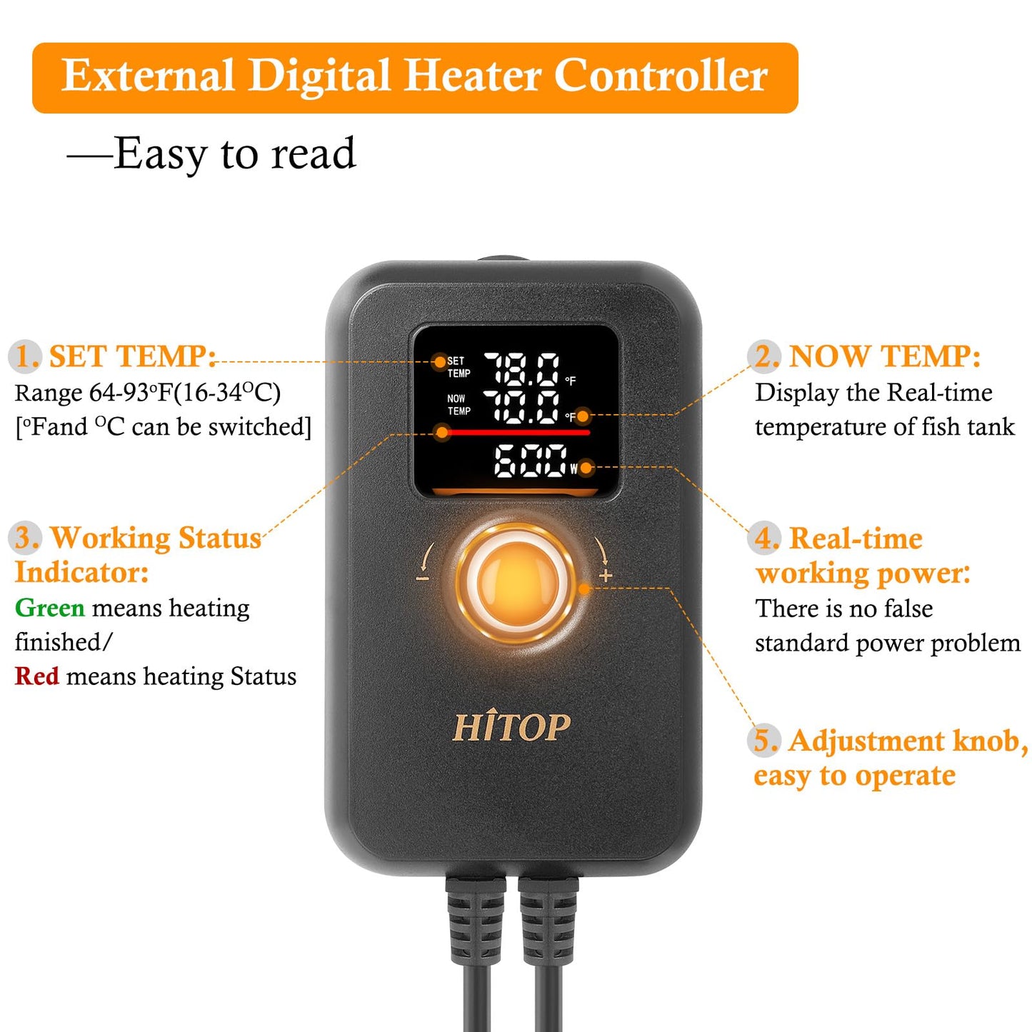 HITOP 1000W Digital Aquarium Heater: Titanium Fish Tank Heater with Temperature Control Device, Submersible Heater for Freshwater/seawater up to 300 Gallon - Buy The Sea Aquatics