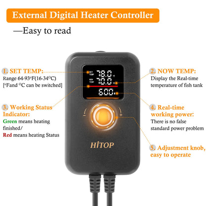 HITOP 1000W Digital Aquarium Heater: Titanium Fish Tank Heater with Temperature Control Device, Submersible Heater for Freshwater/seawater up to 300 Gallon - Buy The Sea Aquatics