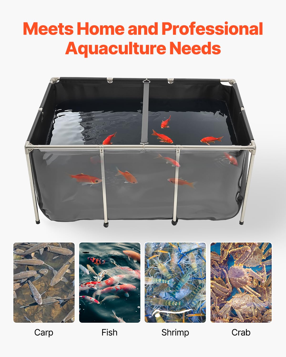 VEVOR Canvas Fish Pond, 470 Gal Above Ground Fish Pond, PVC Koi Tank with Clear Viewing Panel, Rectangular Goldfish Tank with Stainless Steel Frame & Drain Valve, for Breeding Koi, Irrigation(Black)