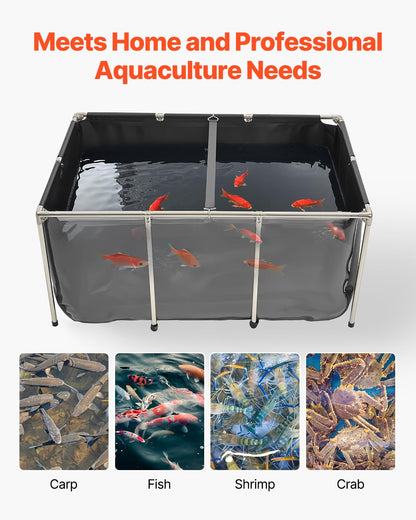 VEVOR Canvas Fish Pond, 470 Gal Above Ground Fish Pond, PVC Koi Tank with Clear Viewing Panel, Rectangular Goldfish Tank with Stainless Steel Frame & Drain Valve, for Breeding Koi, Irrigation(Black)