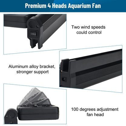 Aquarium Fan 2 3 4 Heads, Aquarium Chillers Cooling Fan Adjustable Fish Tank Cooling Fan with 2 Wind Speed Fan for Water Tank, Aquarium Tank Chiller (4 Head) - Buy The Sea Aquatics