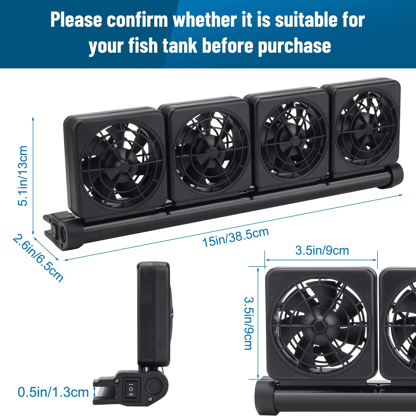 Aquarium Fan 2 3 4 Heads, Aquarium Chillers Cooling Fan Adjustable Fish Tank Cooling Fan with 2 Wind Speed Fan for Water Tank, Aquarium Tank Chiller (4 Head) - Buy The Sea Aquatics