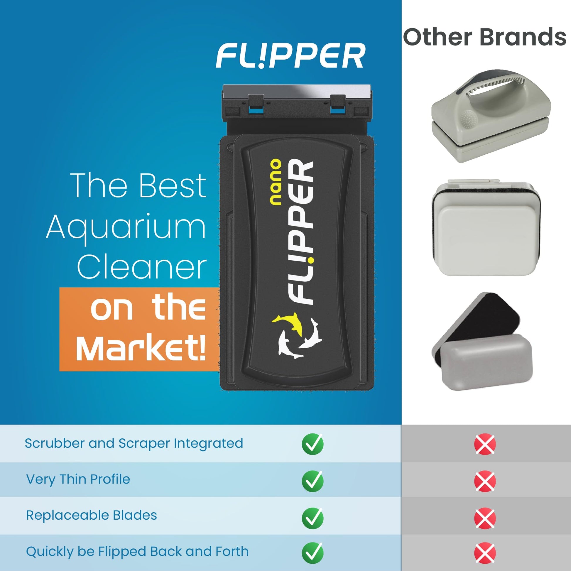 FLIPPER Standard Magnetic Aquarium Glass Cleaner – 2 - in - 1 Scrubber and Scraper, Hands - Free Fish Tank Cleaner for Algae Removal, Safe for Glass & Acrylic Tanks up to 1/2" (12mm), Freshwater & Saltwater - Buy The Sea Aquatics
