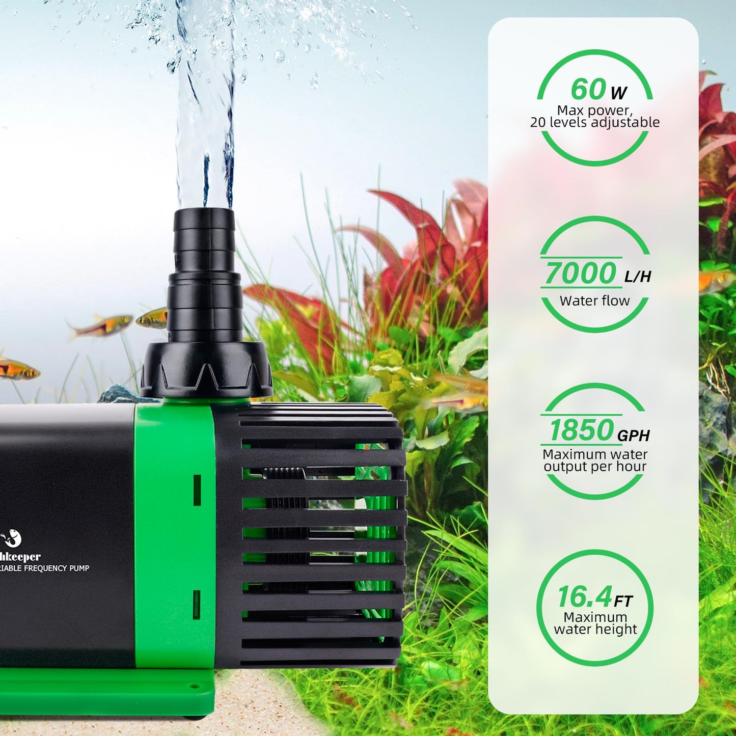 fishkeeper 1850GPH 60W Large Water Pump with Controller - 24V DC Submersible/Inline Return Pump w/ 3 Modes and Adjustable Flow for Aquarium, Pond, Fountain, Waterfall, Sump, Hydroponics, Wavemaker - Buy The Sea Aquatics
