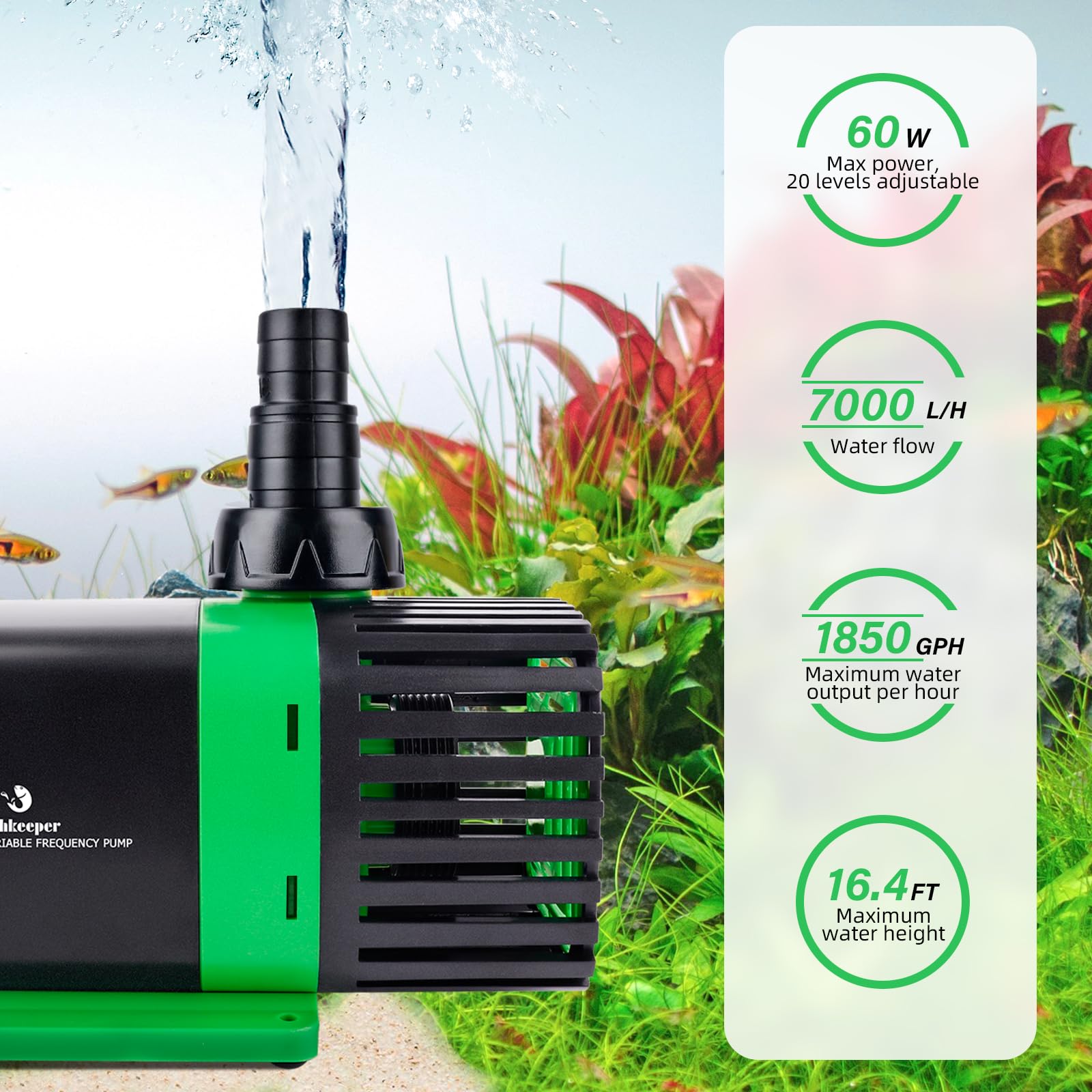 fishkeeper 1850GPH 60W Large Water Pump with Controller - 24V DC Submersible/Inline Return Pump w/ 3 Modes and Adjustable Flow for Aquarium, Pond, Fountain, Waterfall, Sump, Hydroponics, Wavemaker - Buy The Sea Aquatics