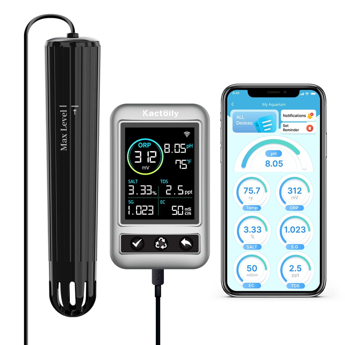 Kactoily Smart Aquarium Monitor All in One pH/ORP/Salt/S.G/TDS/EC/Temp 24h Online Freshwater and Saltwater Fish Tank Tester (WiFi Version)