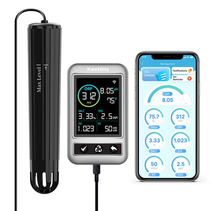 Kactoily Smart Aquarium Monitor All in One pH/ORP/Salt/S.G/TDS/EC/Temp 24h Online Freshwater and Saltwater Fish Tank Tester (WiFi Version)
