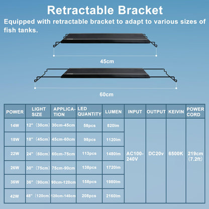 24/7 LED Aquarium Light, IP68 Waterproof Extendable Bracket Fish Tank Light with Timer, 7 Colors, 10 Level Adjustable Brightness, DIY Mode Full Spectrum Aquarium Plant Light for 30-36 Inch Fish Tank