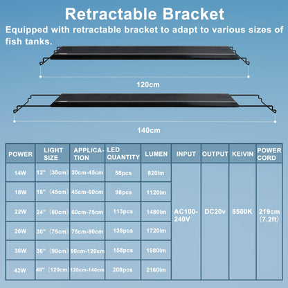 24/7 LED Aquarium Light, IP68 Waterproof Extendable Bracket Fish Tank Light with Timer, 7 Colors, 10 Level Adjustable Brightness, DIY Mode Full Spectrum Aquarium Plant Light for 30-36 Inch Fish Tank