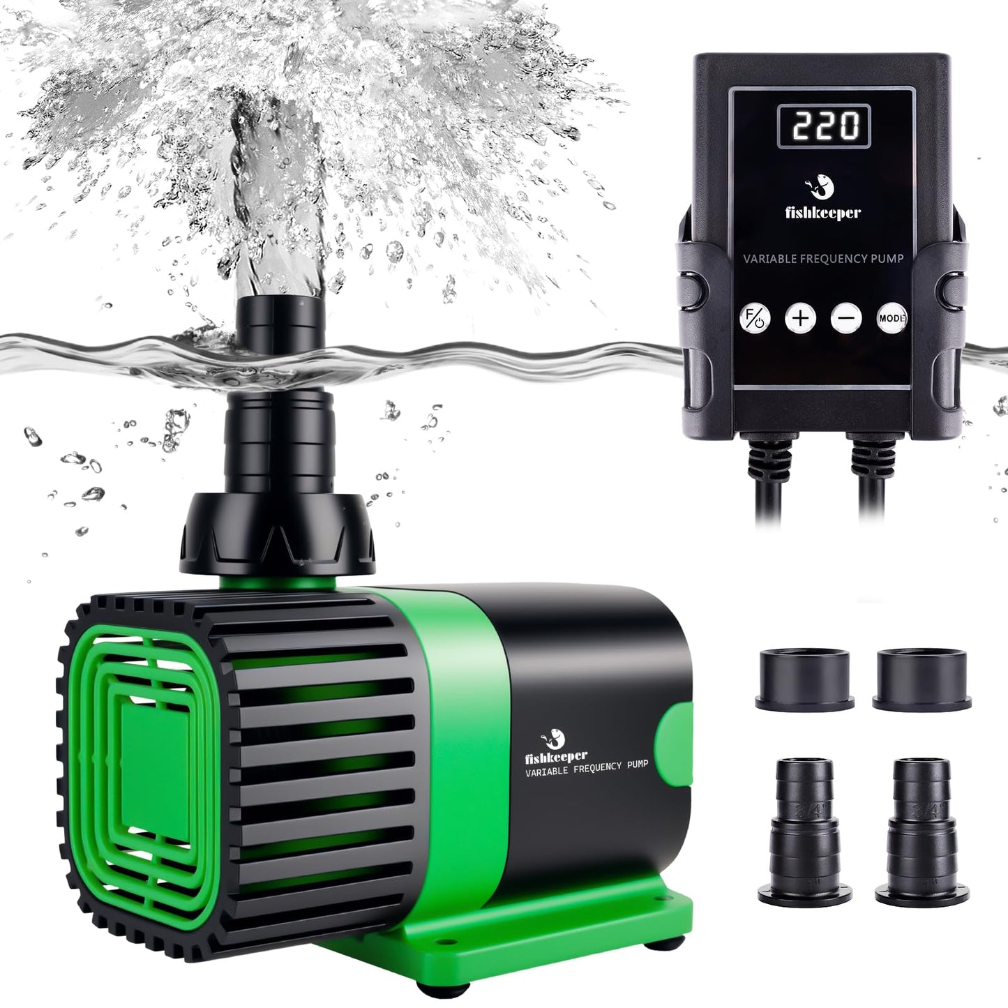 fishkeeper 1850GPH 60W Large Water Pump with Controller - 24V DC Submersible/Inline Return Pump w/ 3 Modes and Adjustable Flow for Aquarium, Pond, Fountain, Waterfall, Sump, Hydroponics, Wavemaker - Buy The Sea Aquatics