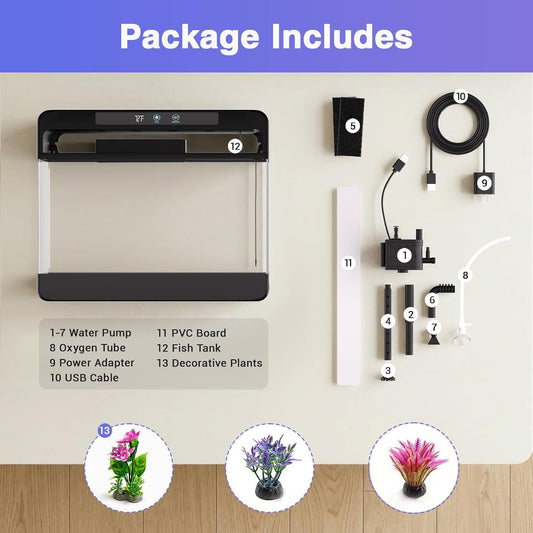 Fish Tank Starter Kit, 3 Gallon Smart Aquarium for Beta, 3-in-1 Silent Water Pump with Filteration & Circulation & Oxygenation, Temperature Display, 7 Colors LED Lights (Black)