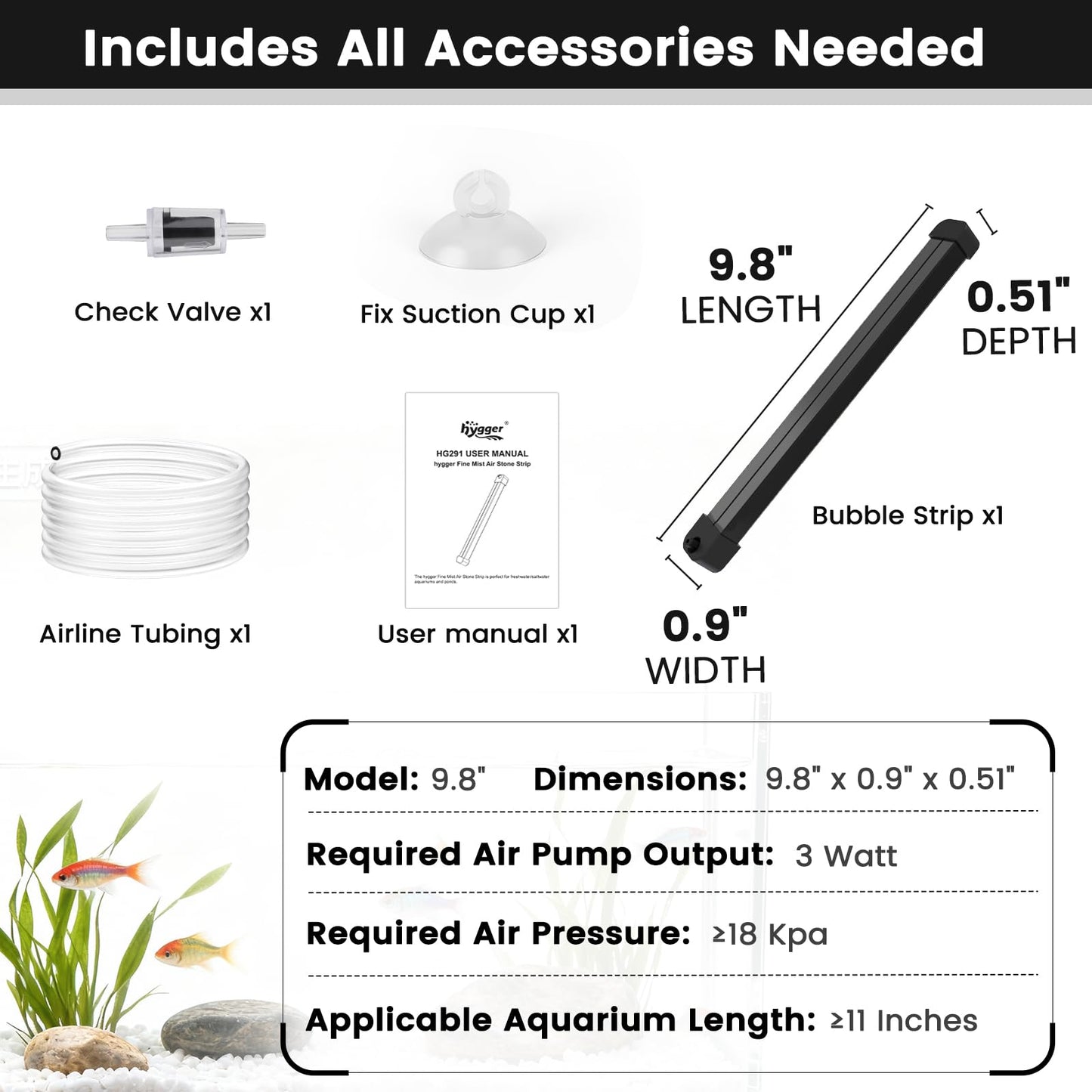 hygger Weighted Nano Mist Bubble Wall Bar, 31.5" Self - Sinking ABS Air Stone Strip with Gentle Oxygen Diffuser for Freshwater & Marine Aquarium, Hydroponics - Buy The Sea Aquatics
