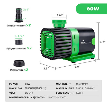 fishkeeper 1850GPH 60W Large Water Pump with Controller - 24V DC Submersible/Inline Return Pump w/ 3 Modes and Adjustable Flow for Aquarium, Pond, Fountain, Waterfall, Sump, Hydroponics, Wavemaker - Buy The Sea Aquatics