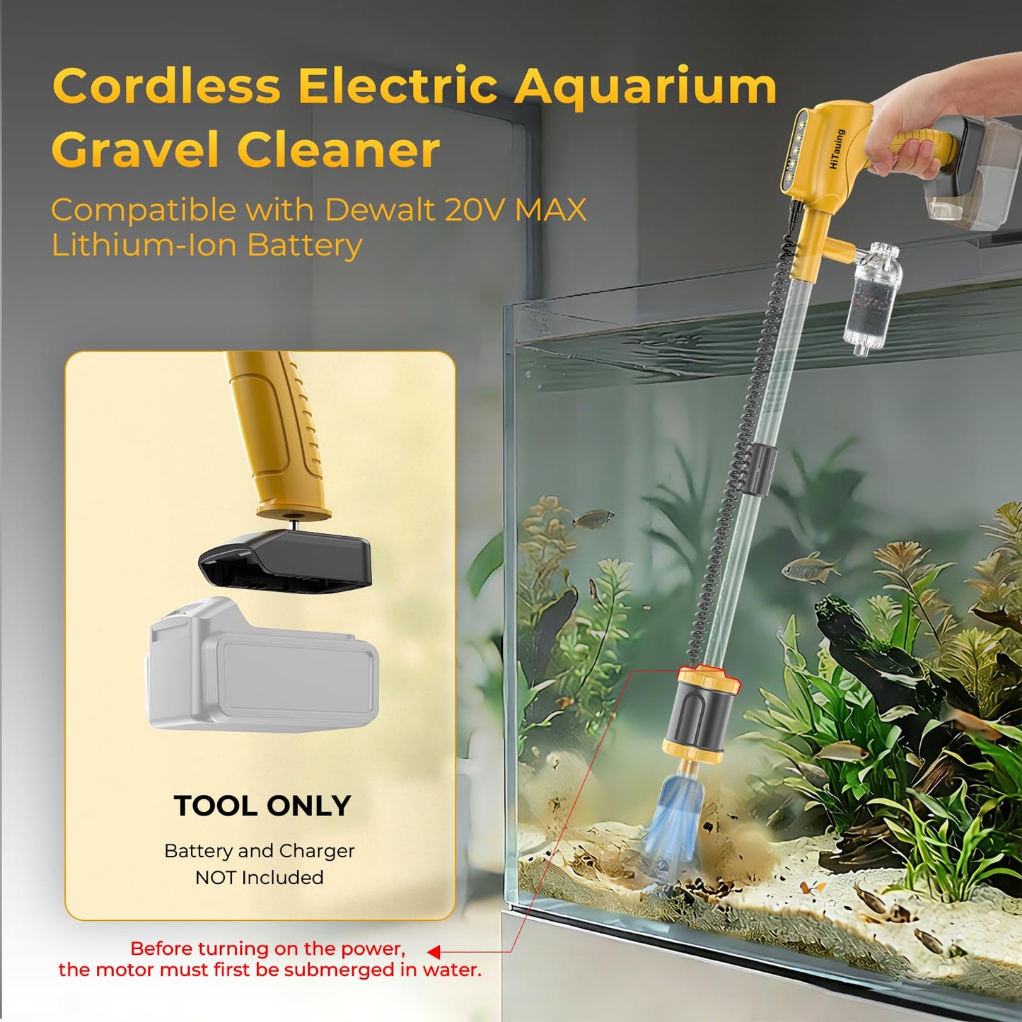 HiTauing Aquarium Gravel Cleaner, Cordless/Corded 6 in 1 Electric Fish Tank Vacuum Cleaner Compatible with Dewalt 20V Battery, 3 Adjustable Power, Automatic Water Change for Freshwater and Saltwater