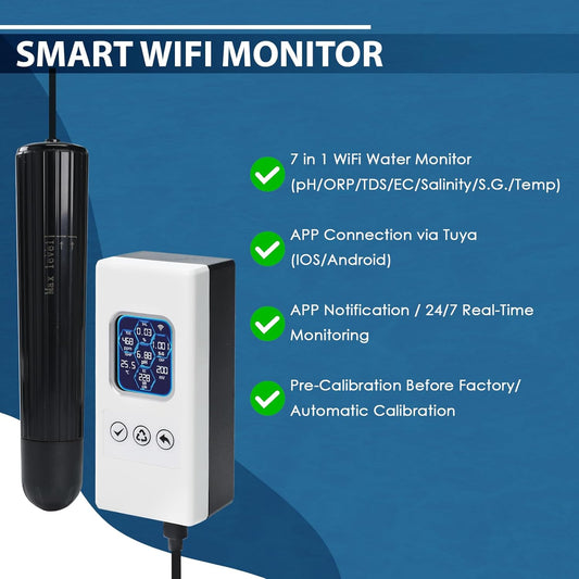 7 in 1 Smart Water Quality Tester, Wireless WiFi Water Monitor Measures pH/ORP/TDS/EC/Salinity/SG/TEMP, Water Quality Meter with App Connection Real - Time Alerts for Aquarium, Saltwater Fish Tank, etc. - Buy The Sea Aquatics