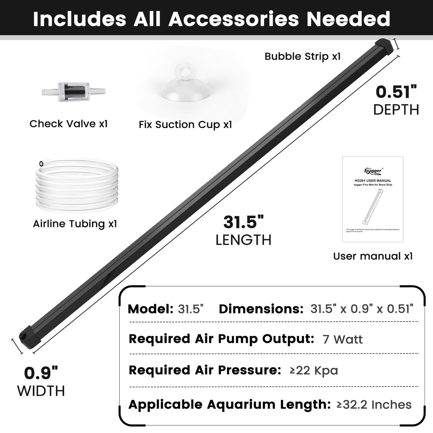 hygger Weighted Nano Mist Bubble Wall Bar, 31.5" Self - Sinking ABS Air Stone Strip with Gentle Oxygen Diffuser for Freshwater & Marine Aquarium, Hydroponics - Buy The Sea Aquatics