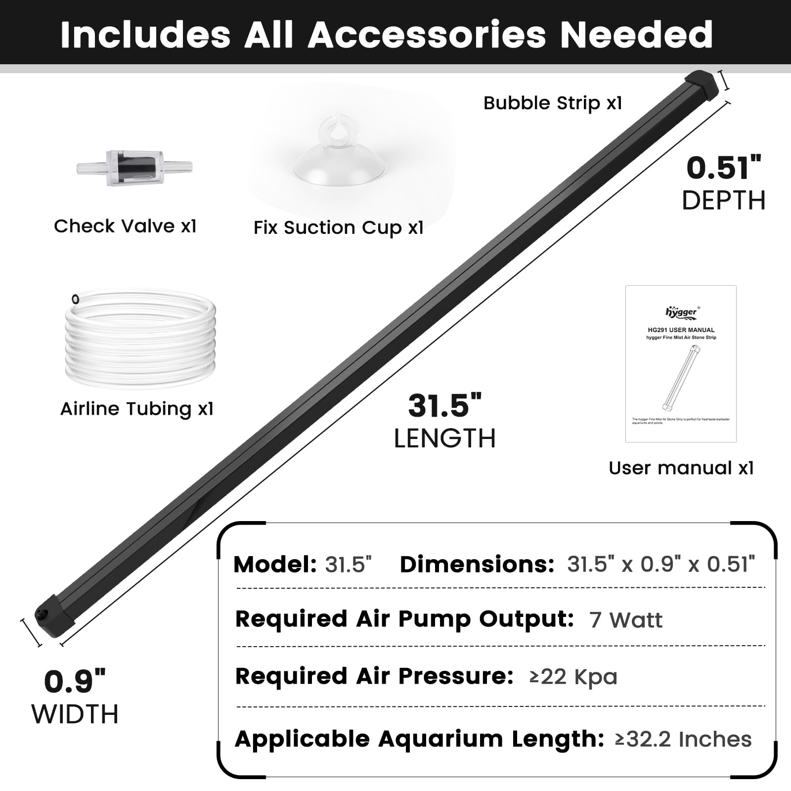 hygger Weighted Nano Mist Bubble Wall Bar, 31.5" Self - Sinking ABS Air Stone Strip with Gentle Oxygen Diffuser for Freshwater & Marine Aquarium, Hydroponics - Buy The Sea Aquatics
