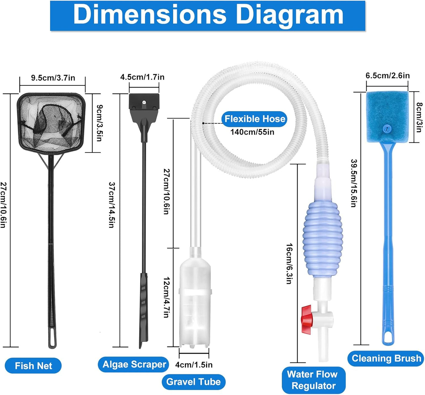 Fish Tank Cleaning Kit Set of 4 Pieces, Aquarium Siphon Algae Scraper Aquarium Net Algae Remover for Fish Tank, Aquarium Cleaner Vacuum Suitable for Changing Water and Cleaning Fish Tanks