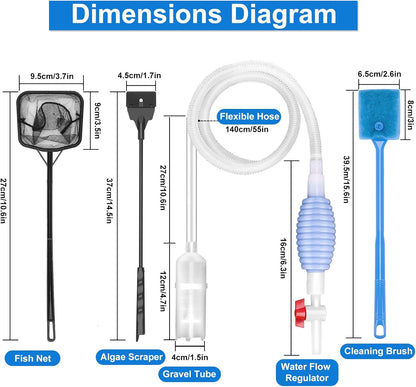 Fish Tank Cleaning Kit Set of 4 Pieces, Aquarium Siphon Algae Scraper Aquarium Net Algae Remover for Fish Tank, Aquarium Cleaner Vacuum Suitable for Changing Water and Cleaning Fish Tanks