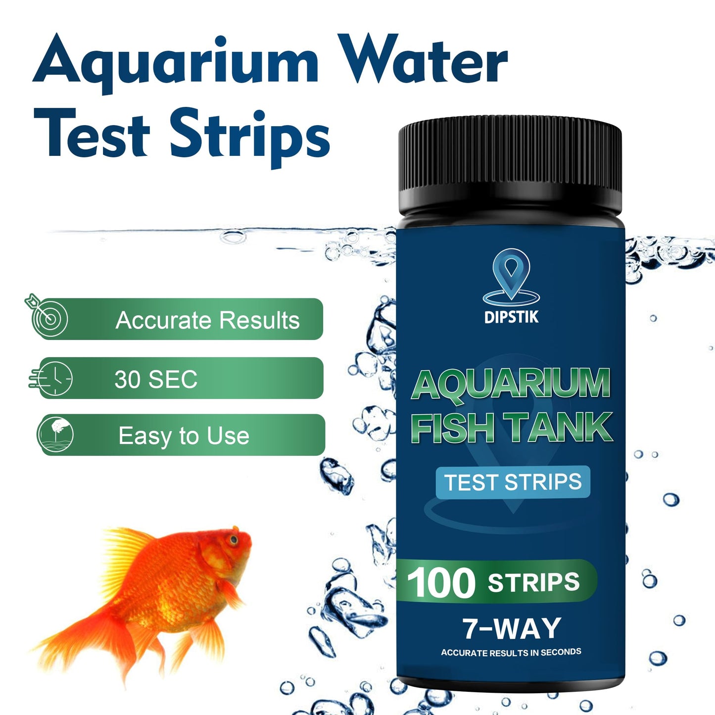 DIPSTIK Aquarium Test Strips, 7-Way Freshwater Saltwater Fish Tank Pond Test Kit, 100 Strips, Nitrate, Nitrite, Chlorine, Hardness, Alkalinity, Carbonate, pH