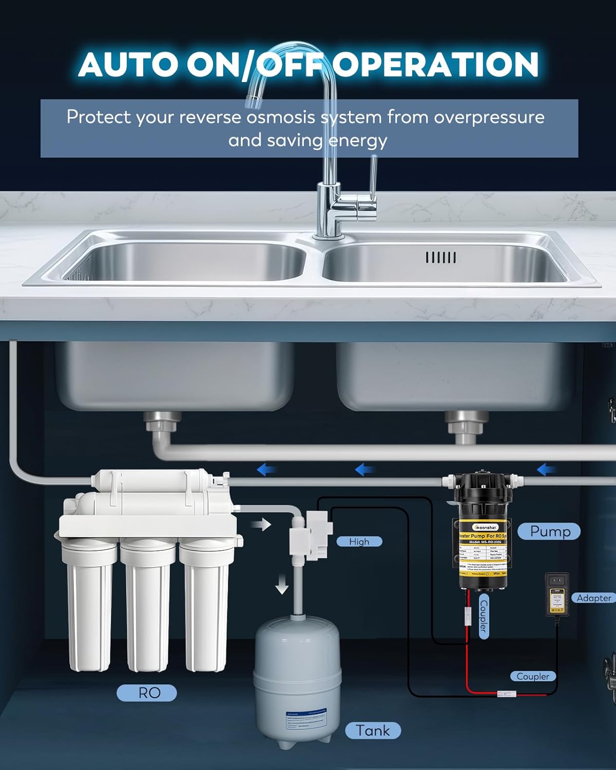 200GPD Booster Pump for RO System Complete Kit Suitable for Home Reverse Osmosis Water Filter System Quick-Connection Design High Pressure Switch Pressure Adjustable (8800)