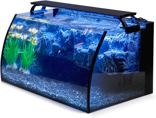 hygger Horizon 8 Gallon LED Glass Aquarium Kit for Starters with 7W Power Filter Pump, 18W Colored led Light, Wide View Curved Shape Fish Tank with Undetachable 3D Rockery Background Decor - Buy The Sea Aquatics