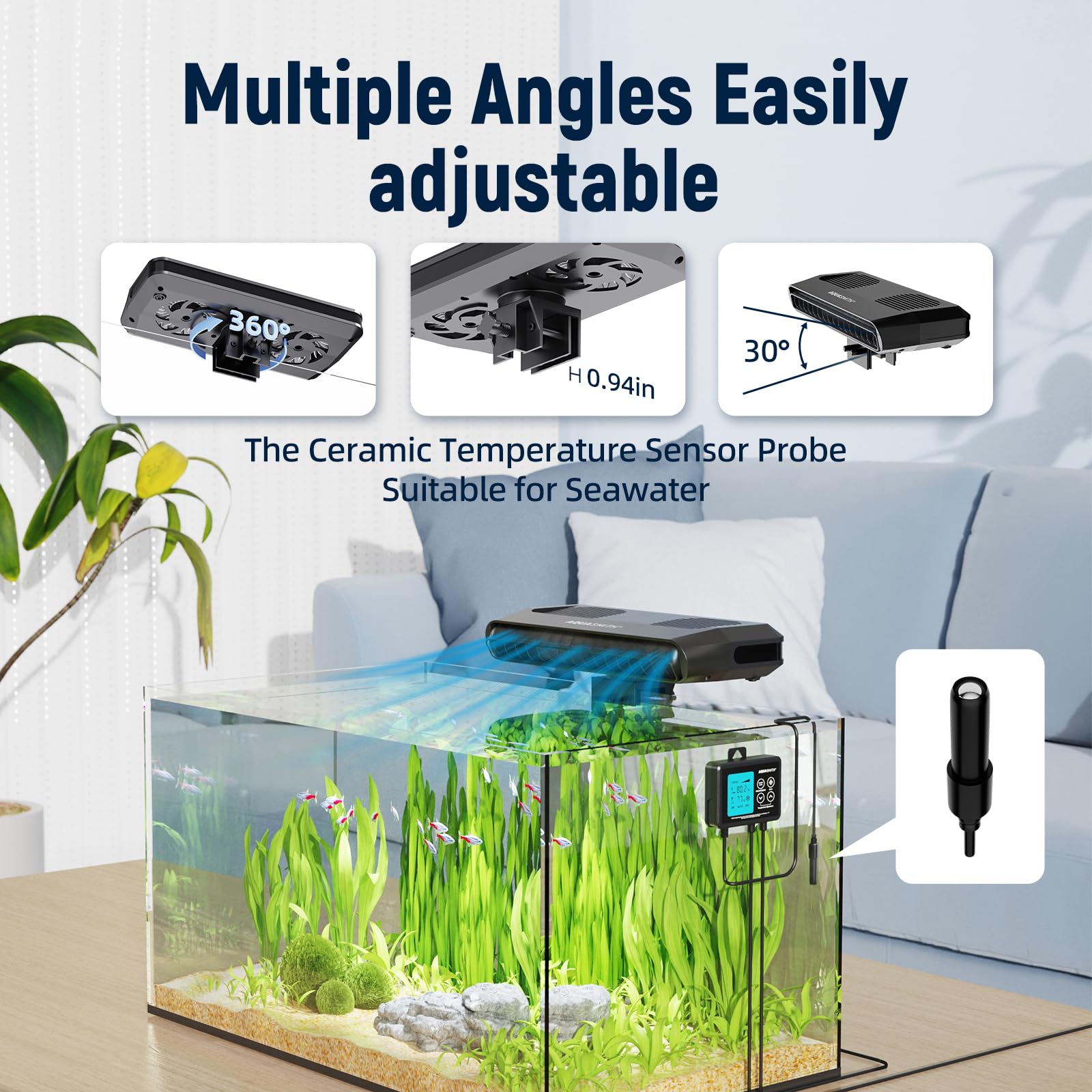 Aquarium Chiller Fan,Fish Tank Cooler with Temperature Control,Minimum Setting 59℉,Auto Start/Stop,Refrigeration Effect 3 - 7℉,3 - Speed Modes,for Axolotl Seawater Freshwater Coral Grass Tank - Buy The Sea Aquatics