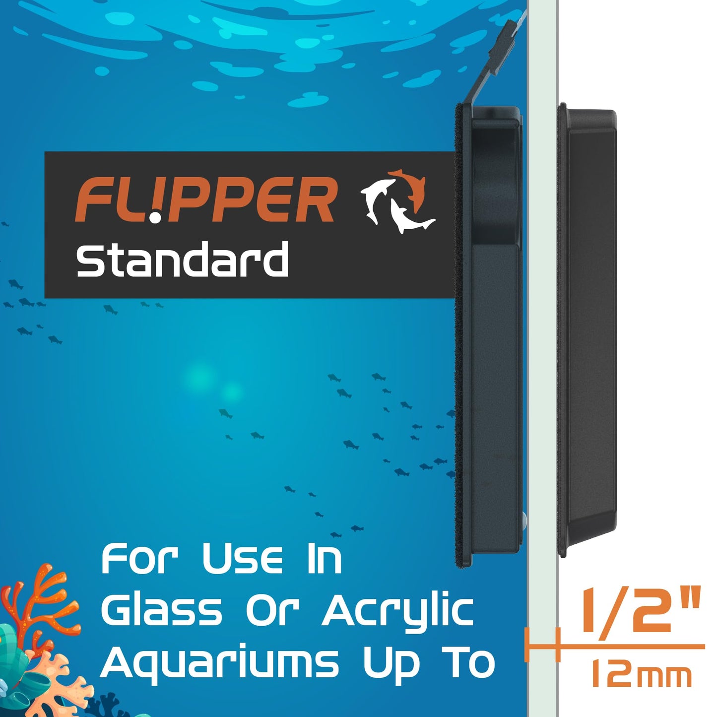 FLIPPER Standard Magnetic Aquarium Glass Cleaner – 2 - in - 1 Scrubber and Scraper, Hands - Free Fish Tank Cleaner for Algae Removal, Safe for Glass & Acrylic Tanks up to 1/2" (12mm), Freshwater & Saltwater - Buy The Sea Aquatics