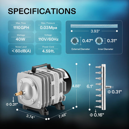 VIVOSUN Air Pump Kit, with 40 W 1110 GPH Commercial Air Pump, 8 - Way Splitter, 2 Pcs Air Stones, 25 ft Air Tubing, 2 Pcs Check Valves, for Aquarium, Fish Tank & Hydroponics - Buy The Sea Aquatics