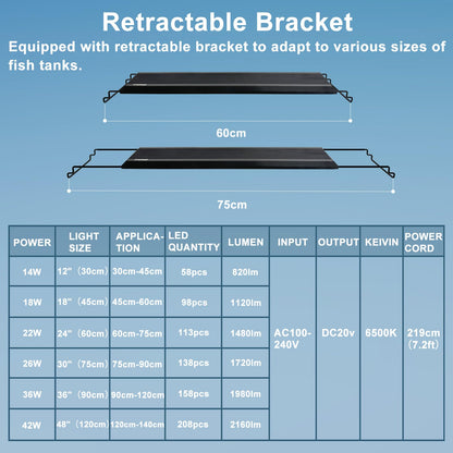24/7 LED Aquarium Light, IP68 Waterproof Extendable Bracket Fish Tank Light with Timer, 7 Colors, 10 Level Adjustable Brightness, DIY Mode Full Spectrum Aquarium Plant Light for 30-36 Inch Fish Tank