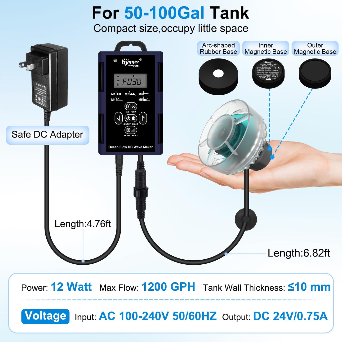 hygger Mini Wave Maker For Aquarium, Ultra-quiet Transparent Wavemaker With Controller, Adjustable Flow Magnetic DC 12V 850GPH Powerhead, Circulation Pump For 20-80Gallon Freshwater Coral Reef Tank