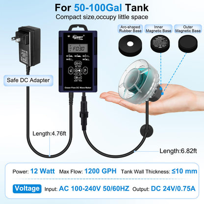hygger Mini Wave Maker For Aquarium, Ultra-quiet Transparent Wavemaker With Controller, Adjustable Flow Magnetic DC 12V 850GPH Powerhead, Circulation Pump For 20-80Gallon Freshwater Coral Reef Tank