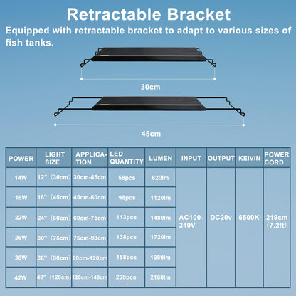 24/7 LED Aquarium Light, IP68 Waterproof Extendable Bracket Fish Tank Light with Timer, 7 Colors, 10 Level Adjustable Brightness, DIY Mode Full Spectrum Aquarium Plant Light for 30-36 Inch Fish Tank