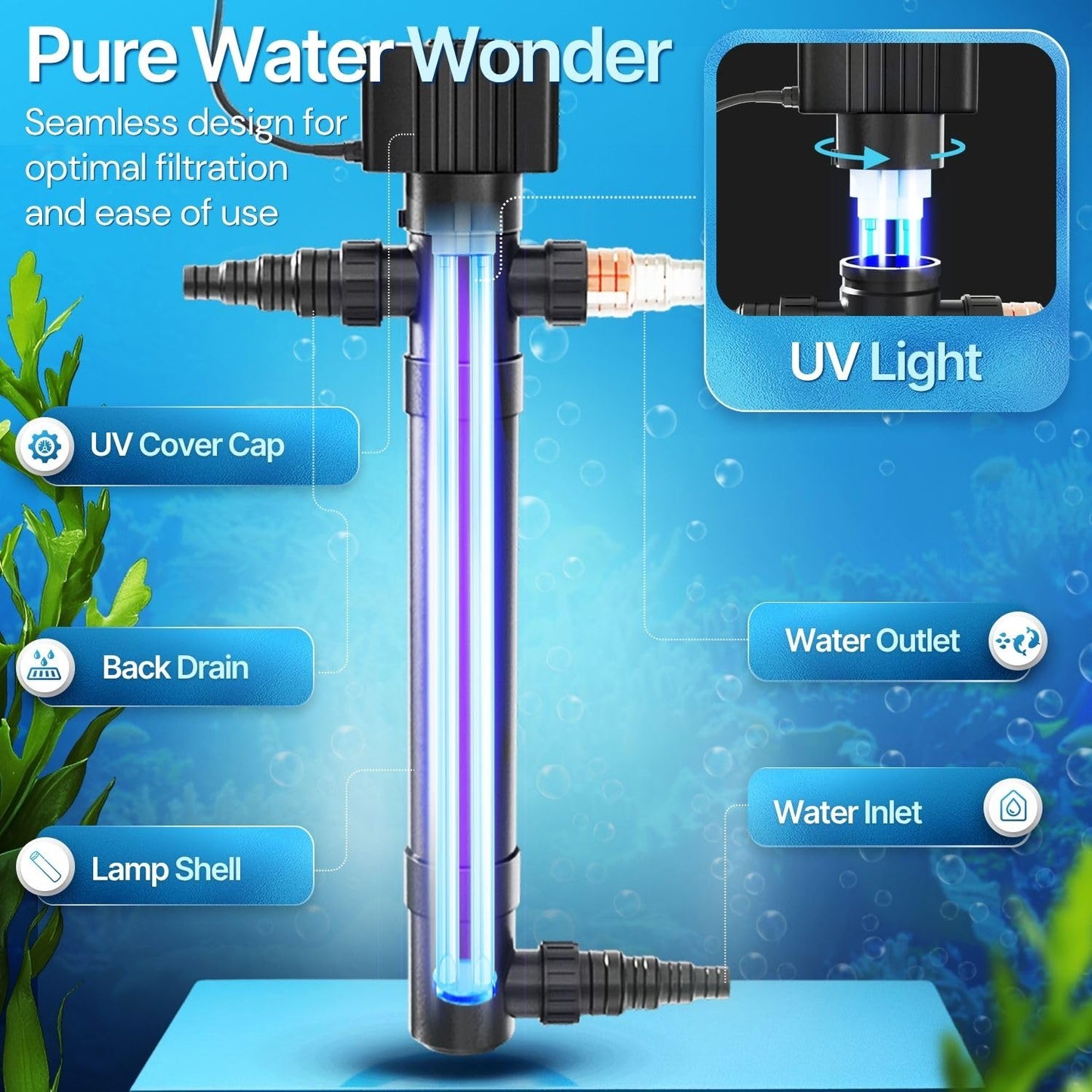 Flexzion Pond UV Lights for Outdoor Ponds - 9W Small Light, 2113 - Gal Capacity, 1500L/H UV Pond Clarifier for Outdoor Ponds, Clears Water in Days (CUV - 109A) - Buy The Sea Aquatics