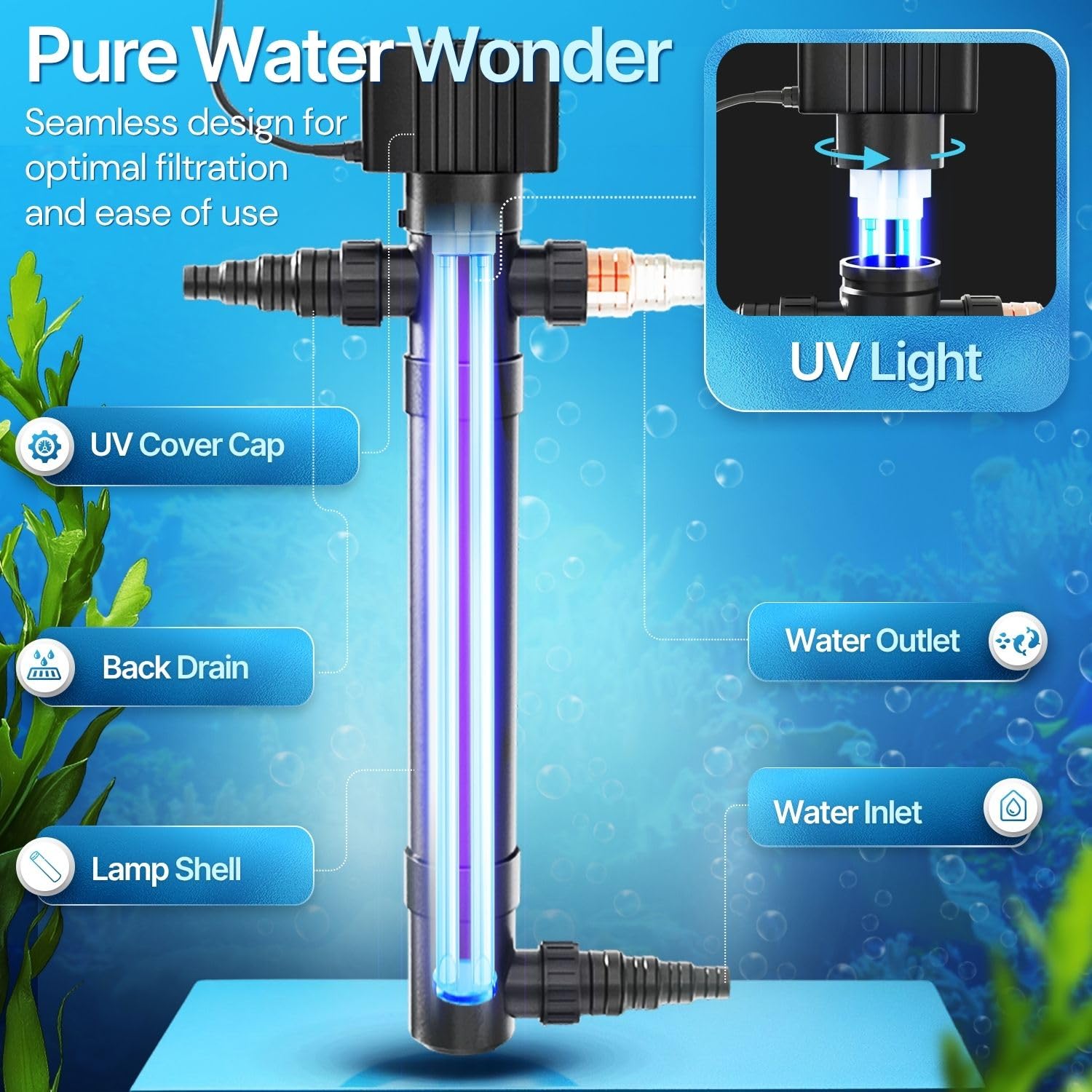 Flexzion Pond UV Lights for Outdoor Ponds - 9W Small Light, 2113 - Gal Capacity, 1500L/H UV Pond Clarifier for Outdoor Ponds, Clears Water in Days (CUV - 109A) - Buy The Sea Aquatics